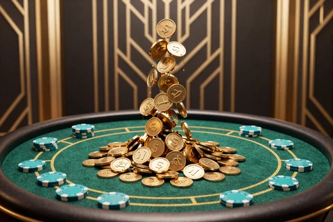 Goldm&uuml;nzen-Font&auml;ne &uuml;ber gr&uuml;nem Casino-Filz als Symbol f&uuml;r sofortige Freispiel-Gewinne bei Betsson