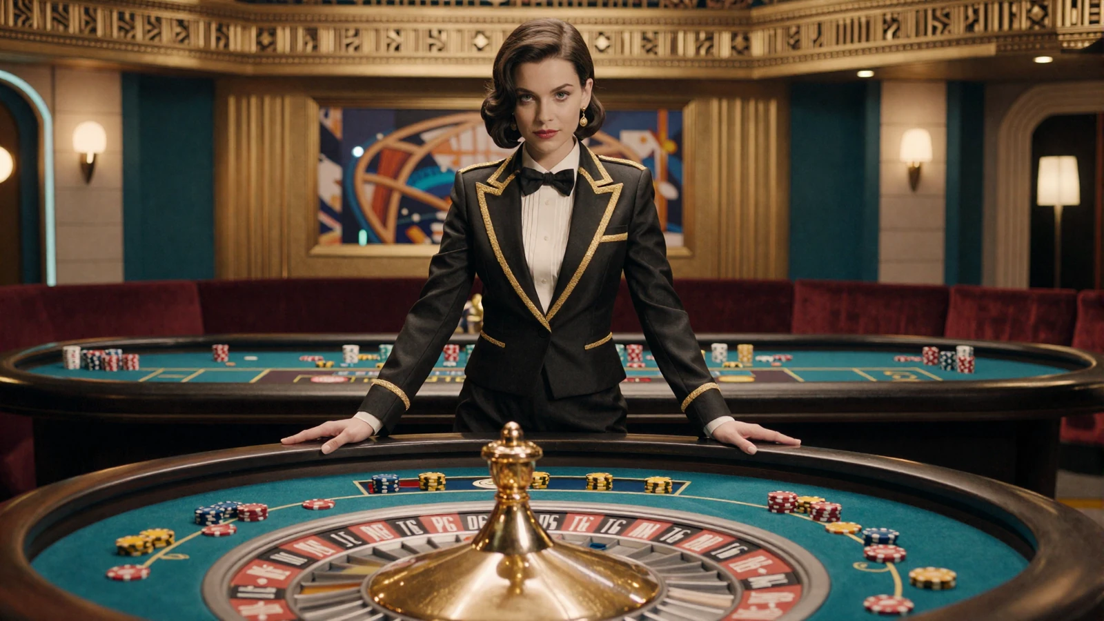 Dunkelhaarige Croupier im 1920er-Smoking dreht das Rad am Live Roulette Tisch im Betsson Live Casino online