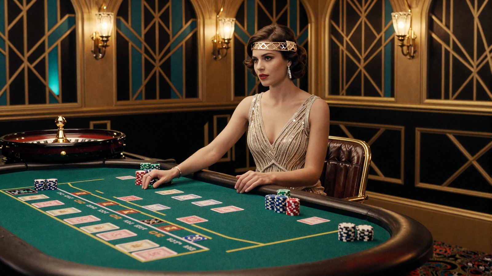 Elegante Frau im Gatsby-Kleid am Roulettetisch im Art-Deco-Ambiente des Betsson Online Casino