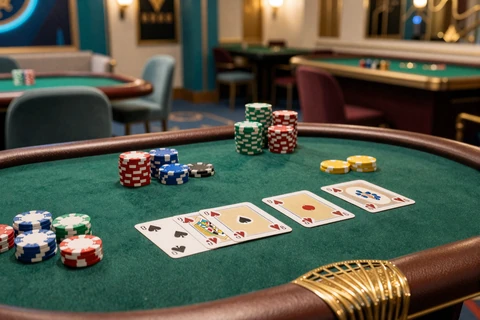 Eleganter Baccarat Tisch mit aufgef&auml;cherten Karten auf gr&uuml;nem Filz bei Betsson