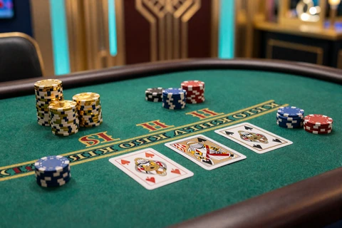 Live Blackjack Tisch mit ausgeteilten Karten und Goldchips bei Betsson zum Blackjack spielen