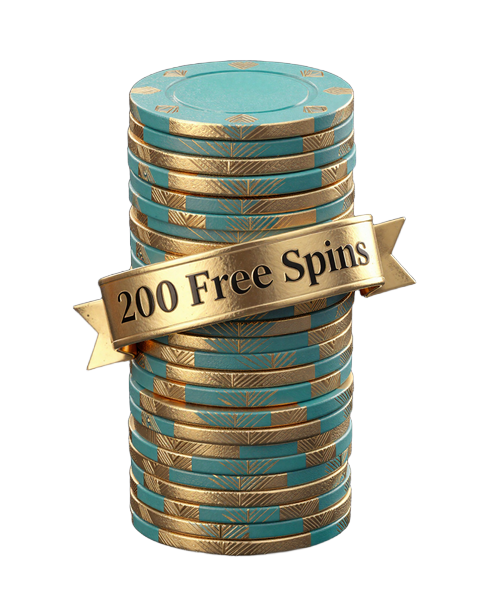 Stapel t&uuml;rkis-goldener Casino-Chips mit 200 Free Spins Banderole zum Betsson Willkommenspaket