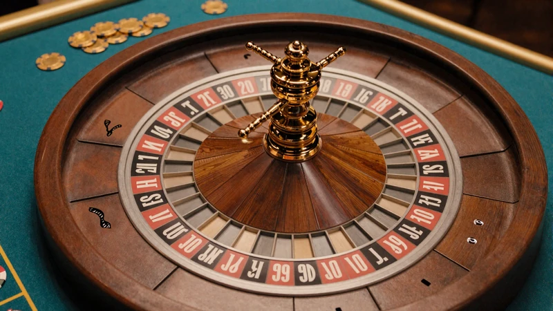 Draufsicht auf europ&auml;isches Roulette Rad mit t&uuml;rkisem Filz und Goldchips f&uuml;r das Roulette Spiel